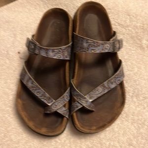 Birkenstock sandals great with denim paisley print. Used condition.